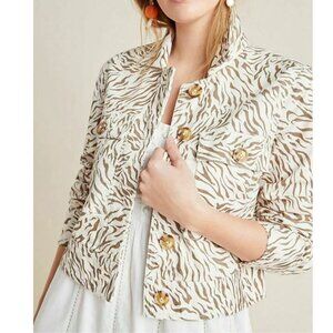 Anthropologie Trucker Crop Denim Jacket Womens Medium White Pilcro Animal Print